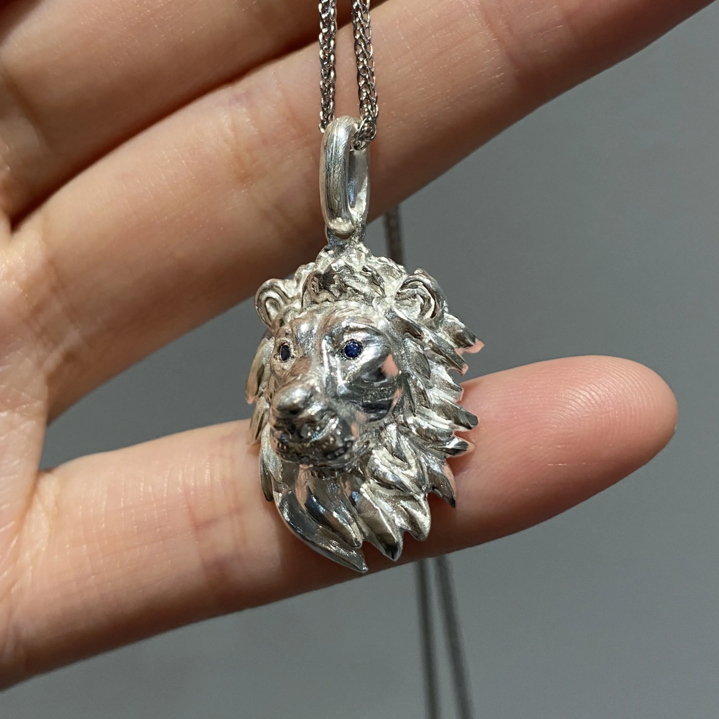 Lion King Pendant Necklace | 925 Silver & Sapphire | Handmade Courage Amulet Gift for Him