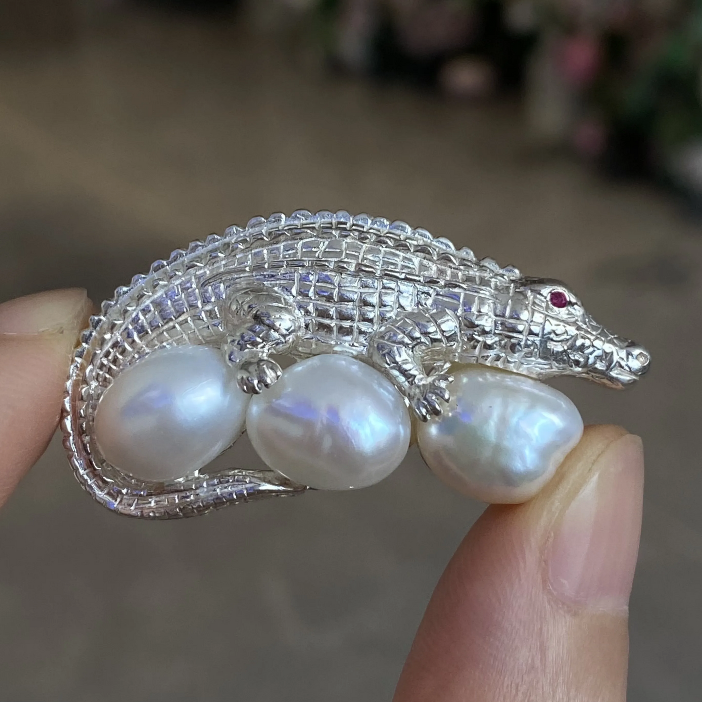 925 Silver Crocodile Brooch Pendant | Freshwater Pearl & Ruby Eyes | Gift of Strength & Protection