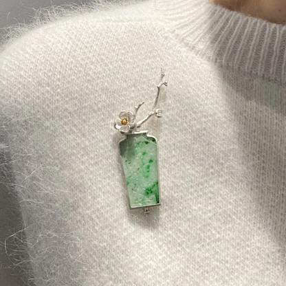 925 Silver Jade Vase Brooch｜Natural Jade Inlay｜Floral Silver Design with Yellow Gem｜Elegant Oriental Jewelry Gift