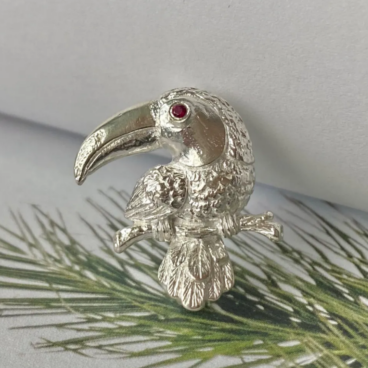 Toucan Brooch Pendant | 925 Silver & Ruby | Handmade Bird Totem Jewelry Gift for Animal Lovers