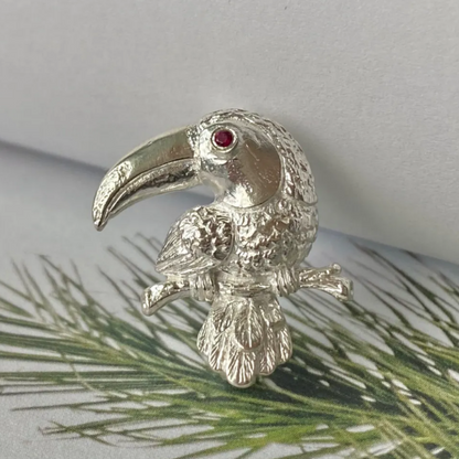 Toucan Brooch Pendant | 925 Silver & Ruby | Handmade Bird Totem Jewelry Gift for Animal Lovers
