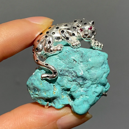 925 Silver Leopard Brooch Pendant | Turquoise & Ruby Animal Jewelry | Handmade Totem Gift for Strength & Courage