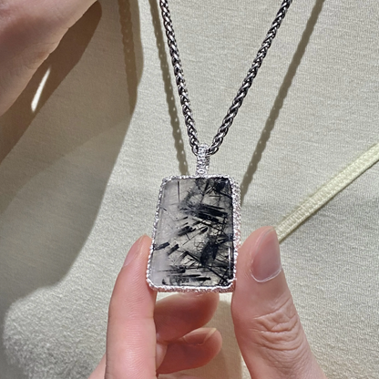 Natural Rutile Quartz Pendant | 925 Silver Tourmalinated Necklace | Raw Crystal Healing Jewelry Gift for Her or Him
