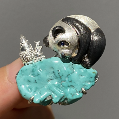 Panda Brooch Pendant in 925 Silver & Raw Turquoise | Handmade Animal Totem Jewelry | Healing Gift for Her or Nature Lovers