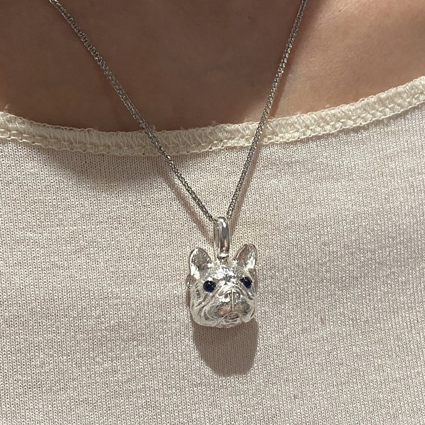 French Bulldog Pendant | 925 Silver Necklace with Sapphire Eyes | Dog Lover Gift & Pet Memorial Jewelry