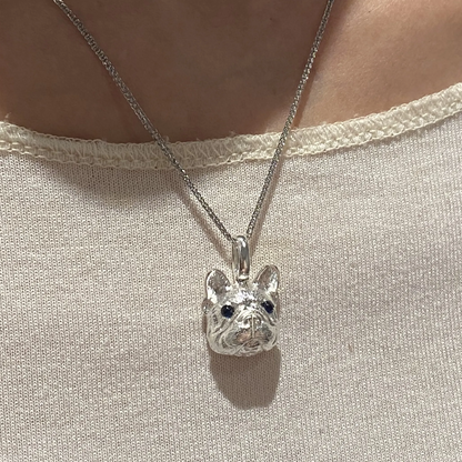 French Bulldog Pendant | 925 Silver Necklace with Sapphire Eyes | Dog Lover Gift & Pet Memorial Jewelry