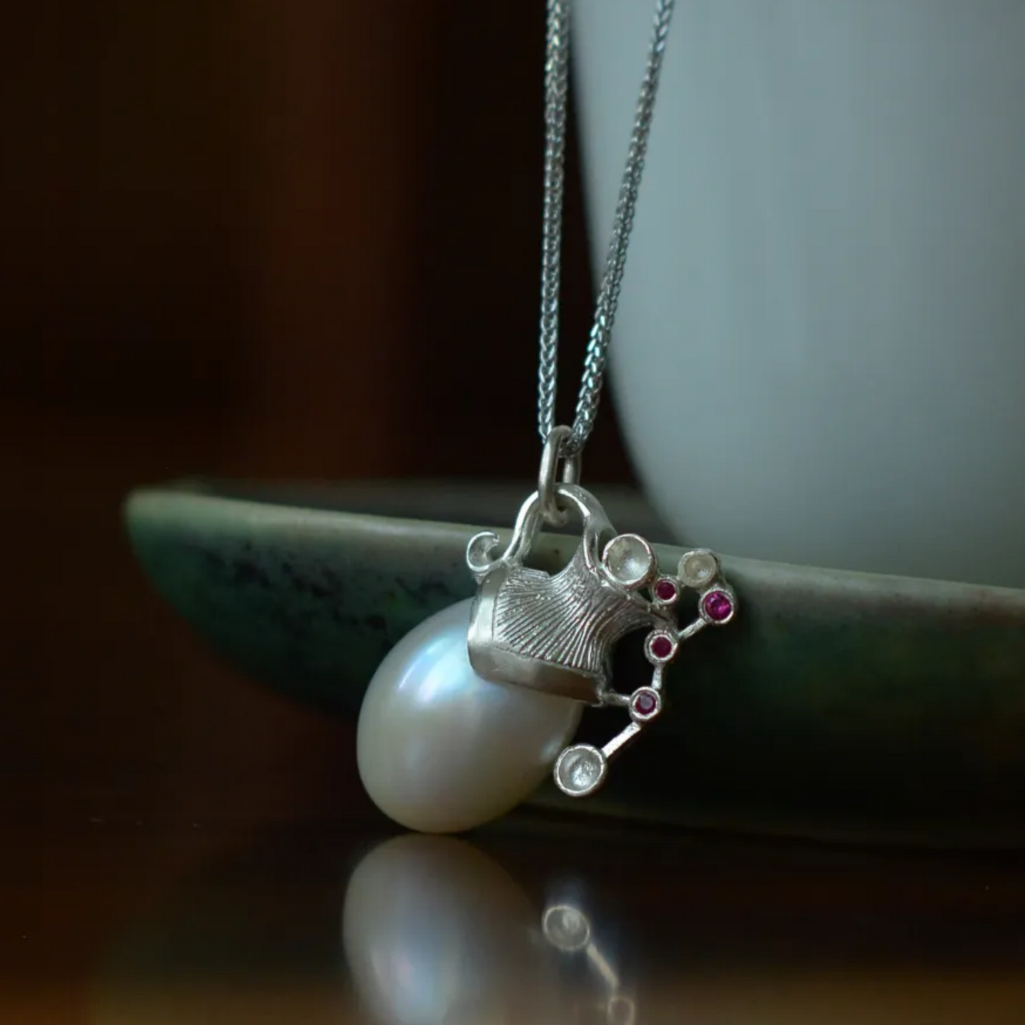 Aquarius Zodiac Pendant | 925 Silver Pearl & Ruby Necklace | Astrology Jewelry Gift for Her or Him