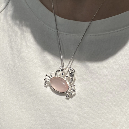Crab Brooch Pendant in 925 Silver with Rose Quartz | Handmade Zodiac Cancer Totem Jewelry | Emotional Healing