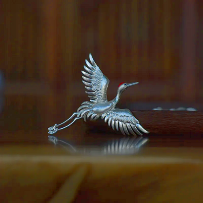925 Silver Crane Brooch Pendant | Baroque Pearl Bird Jewelry | Oriental Handmade Gift for Mom or Elder | Blessing Totem Pin