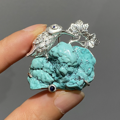 Turquoise Bird Brooch Pendant | 925 Silver Animal Jewelry | Handmade Healing Gift for Her