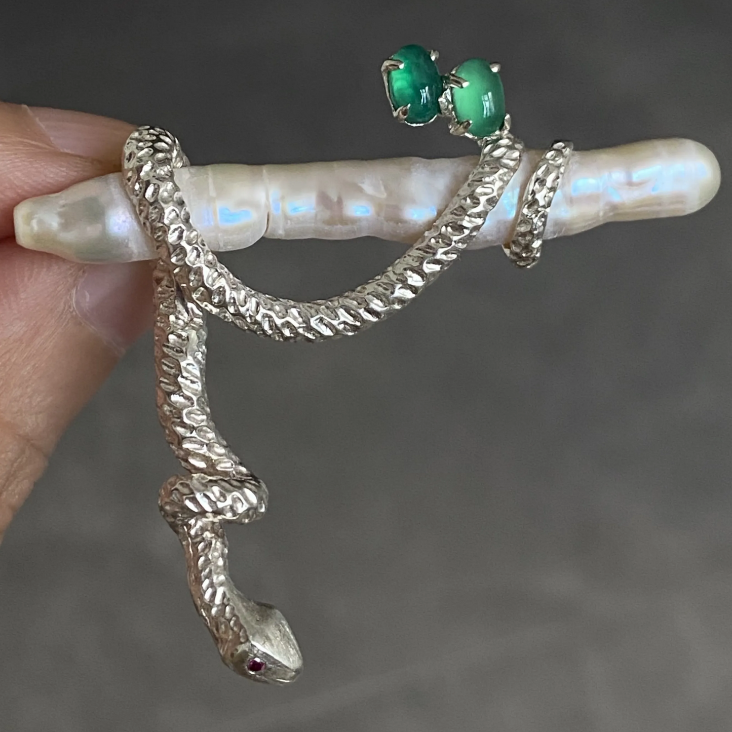 925 Silver Serpent Brooch Pendant | Ruby Eyes & Green Gem | Baroque Pearl Totem Jewelry | Healing Gift for Healers & Thinkers