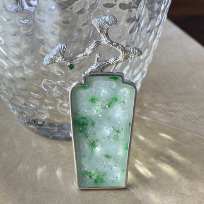 925 Silver Jade Pine Brooch Pendant | Peace & Longevity Amulet | Oriental Nature Jewelry | Gift for Parents or Elders