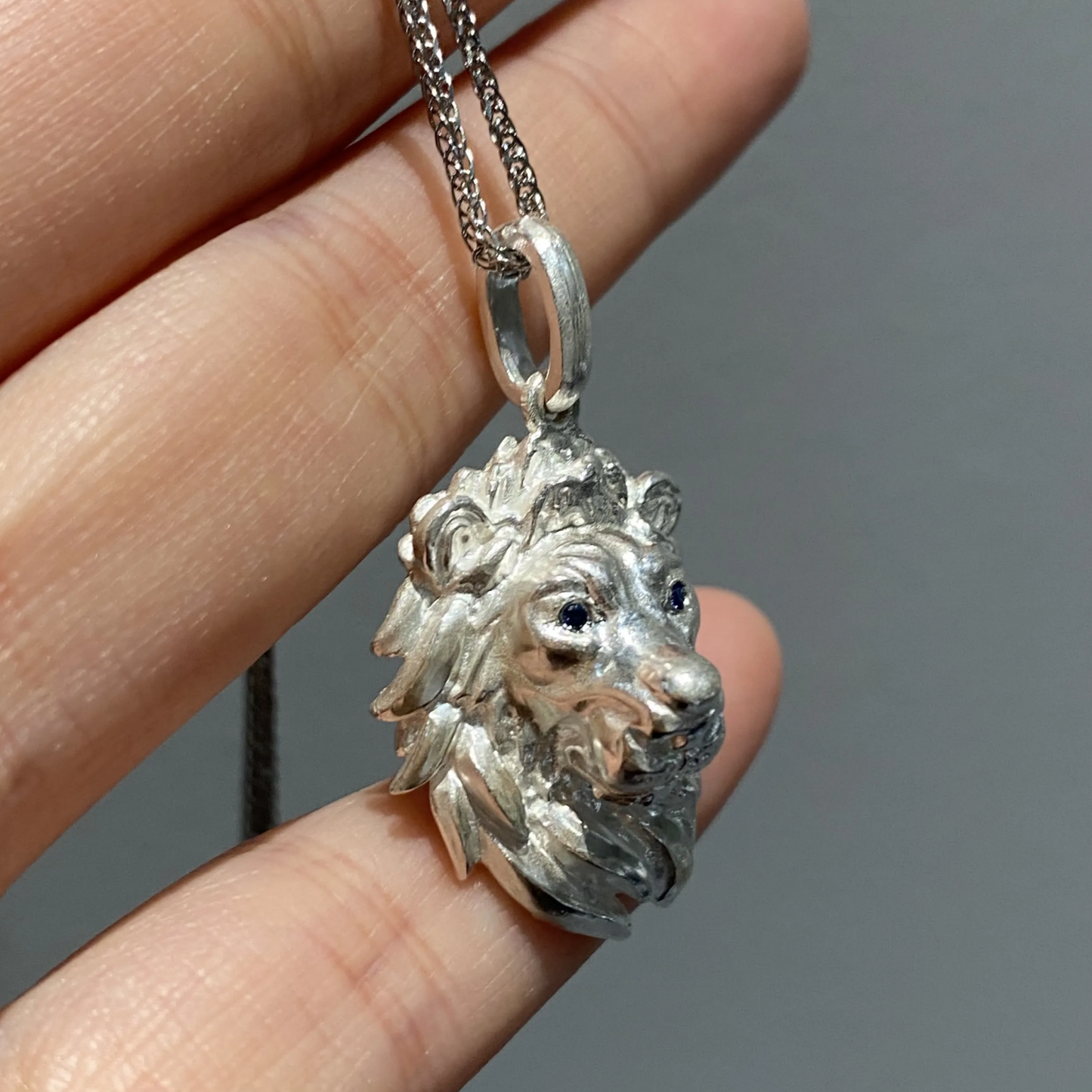 Lion King Pendant Necklace | 925 Silver & Sapphire | Handmade Courage Amulet Gift for Him