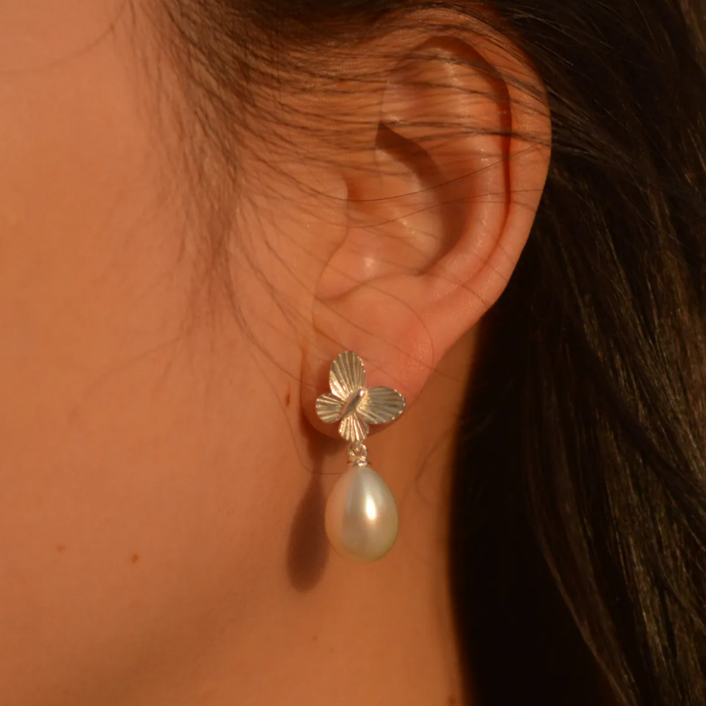 Butterfly Pearl Earrings | 925 Silver Handmade Studs | Elegant Gift for Her