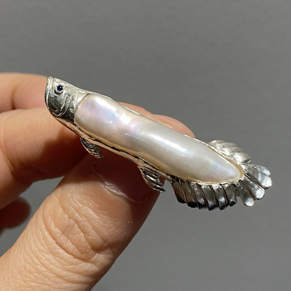 925 Silver Arowana Fish Brooch Pendant | Pearl & Sapphire Jewelry | Handmade Lucky Charm Gift for Success & Protection
