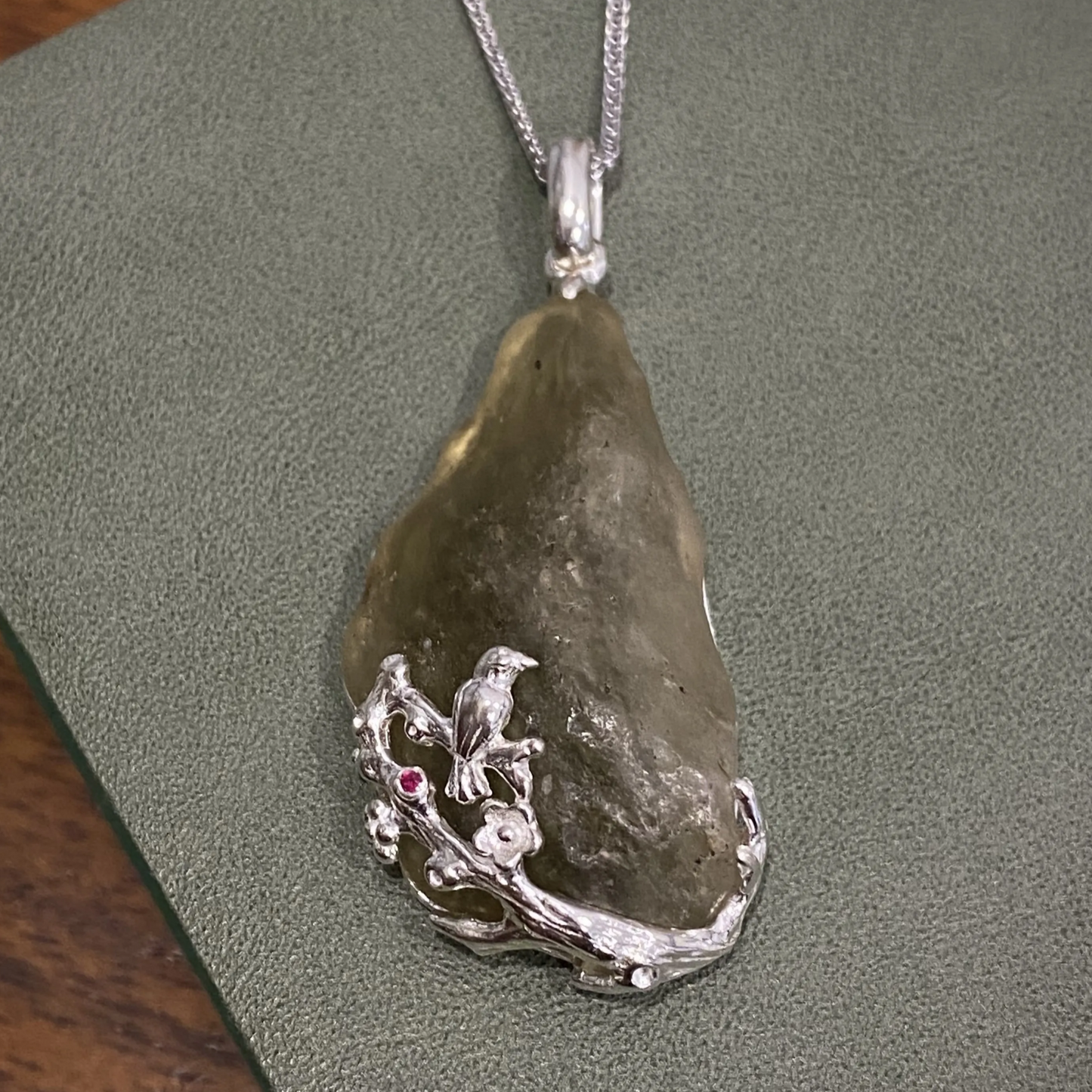 Joy on the Plum Branch Pendant in 925 Silver with Libyan Desert Glass | Handmade Magpie & Blossom Totem Jewelry | Lucky Gift for Her