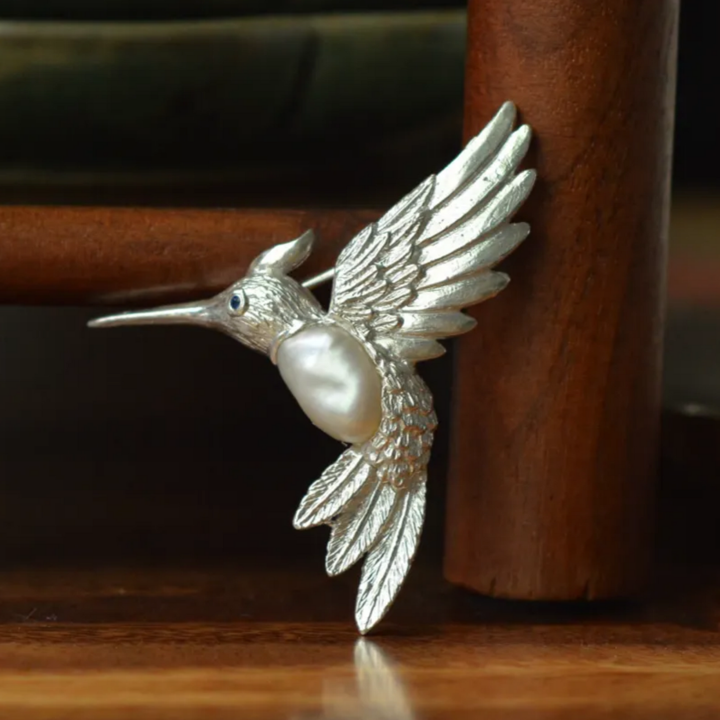 925 Silver Hummingbird Brooch Pendant | Natural Pearl & Sapphire Jewelry | Handmade Gift for Women | Spiritual Animal Totem Pin