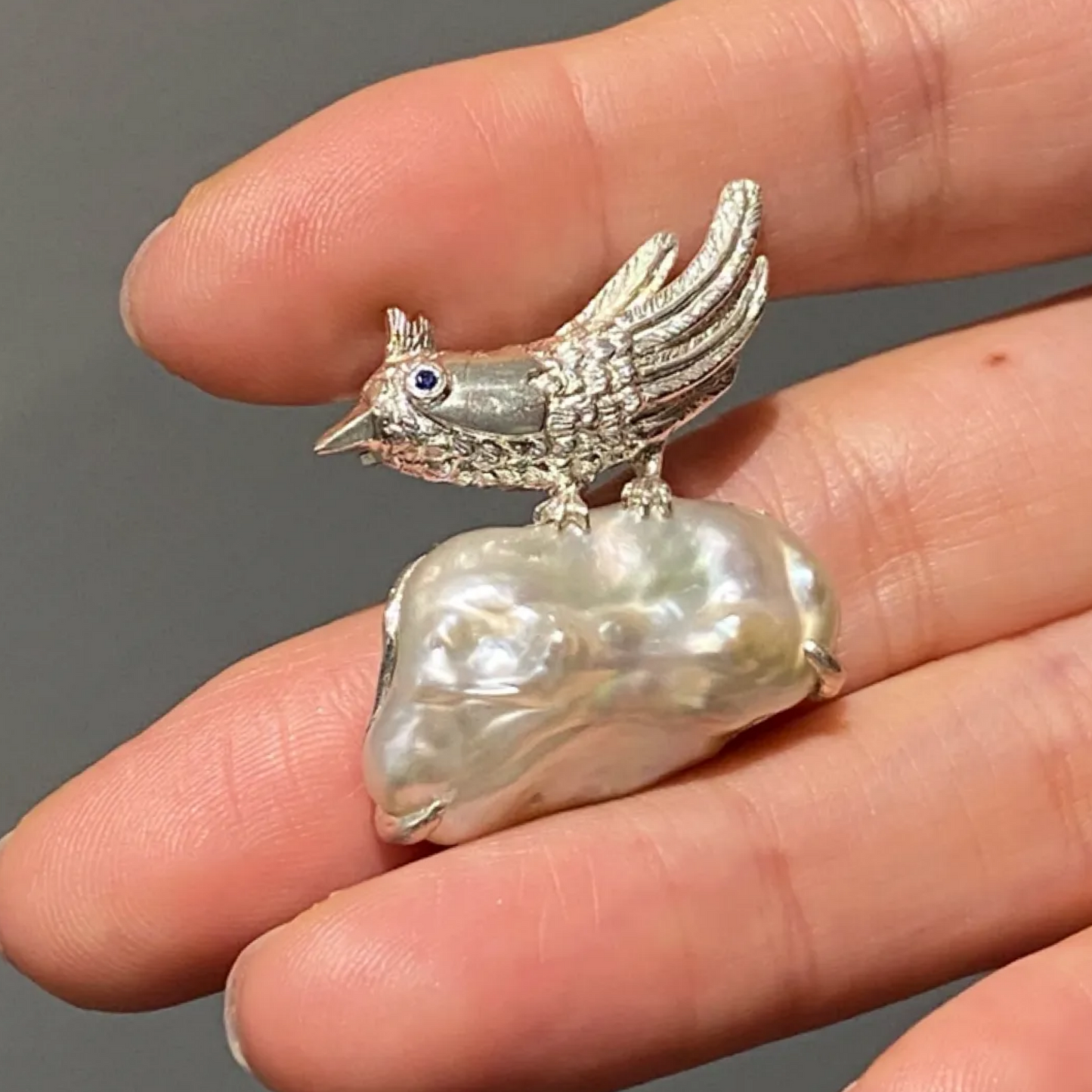 925 Silver Bird Brooch Pendant | Baroque Pearl & Sapphire Jewelry | Handmade Gift for Women