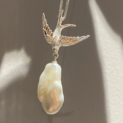 925 Silver Swallow Pearl Pendant | Handmade Bird Necklace | Natural Baroque Pearl Jewelry | Emotional Gift for Women