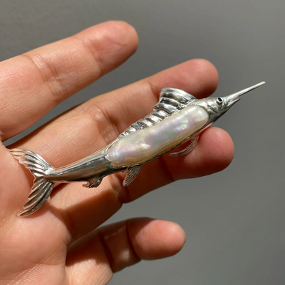 925 Silver Sailfish Brooch Pendant | Pearl & Sapphire Ocean Jewelry | Handmade Sea Totem Gift for Sailors & Dreamers
