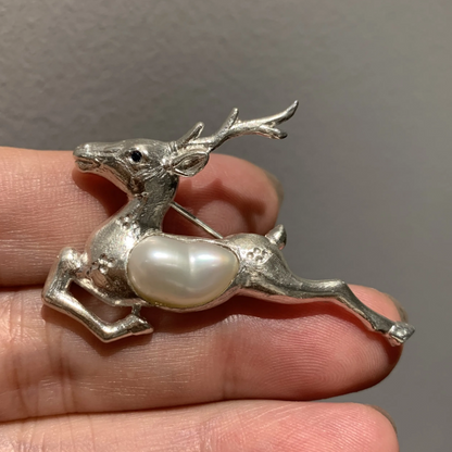 Running Deer Brooch Pendant | 925 Silver & Pearl | Handmade Nature Gift for Her