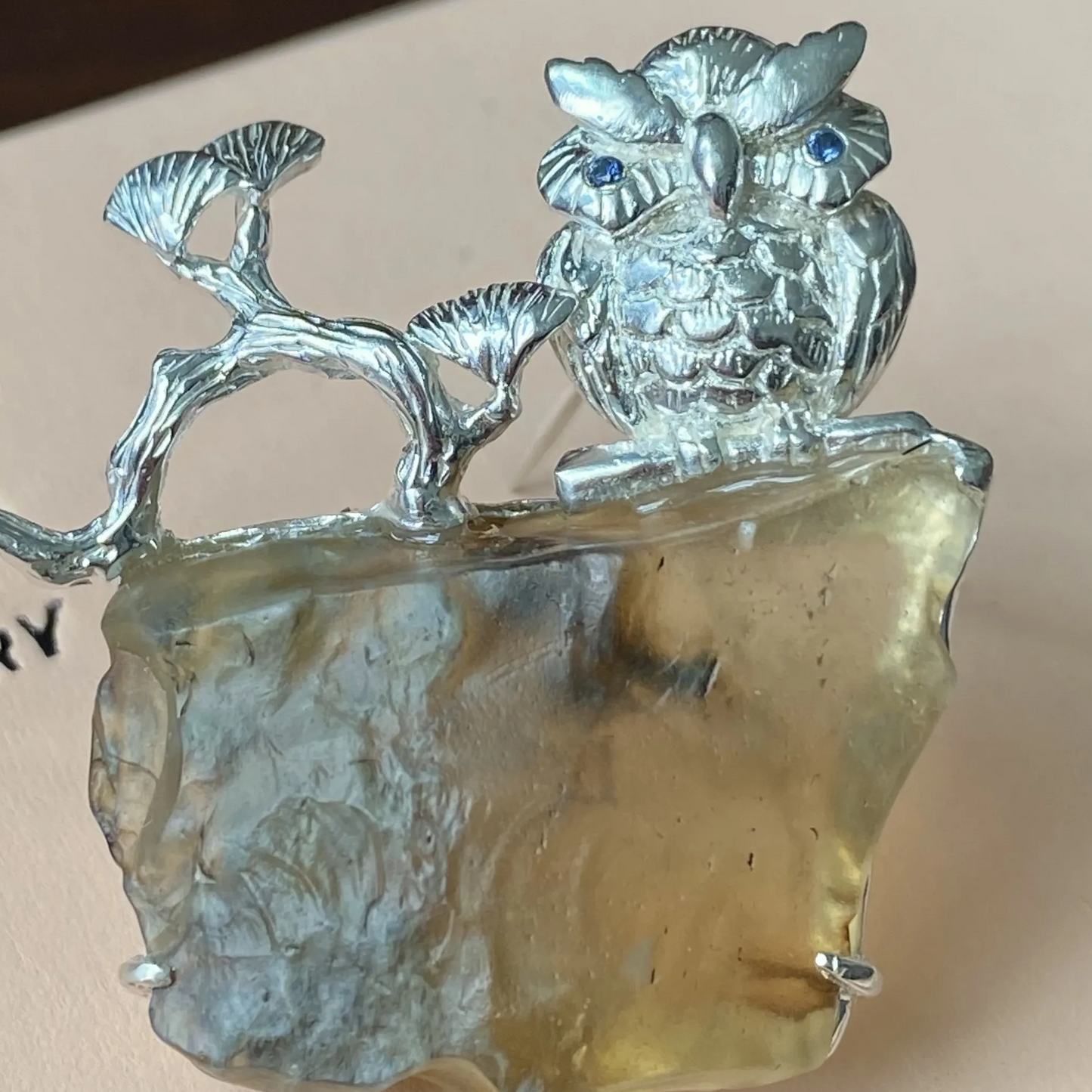 Owl Brooch Pendant | 925 Silver & Tektite Glass | Handmade Wisdom Totem Jewelry Gift for Protection & Reflection