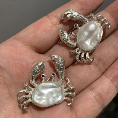 925 Silver Crab Brooch Pendant | Baroque Pearl & Sapphire Jewelry | Ocean Amulet Gift for Women