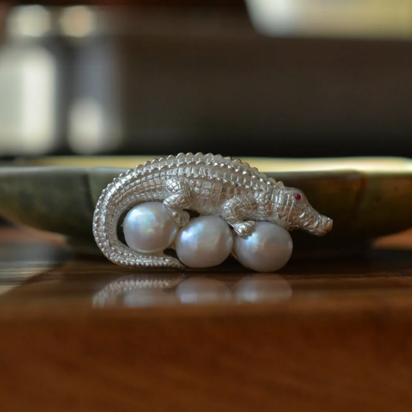 925 Silver Crocodile Brooch Pendant | Freshwater Pearl & Ruby Eyes | Gift of Strength & Protection
