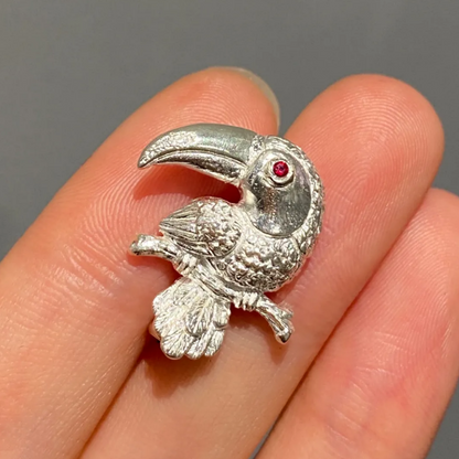 Toucan Brooch Pendant | 925 Silver & Ruby | Handmade Bird Totem Jewelry Gift for Animal Lovers