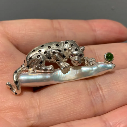 925 Silver Leopard Brooch Pendant | Pearl & Ruby Jewelry | Handmade Totem Amulet Gift for Her | Symbol of Strength & Courage