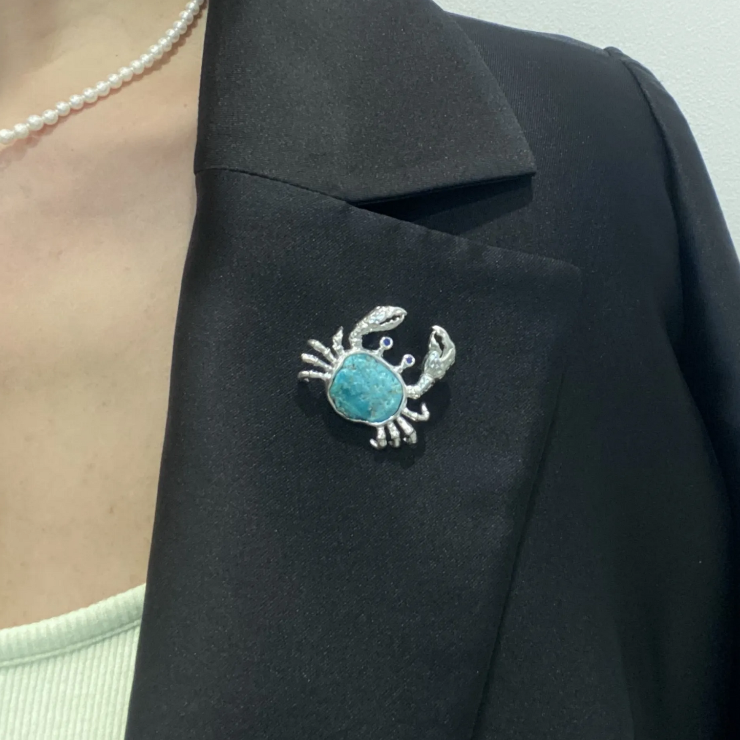 Crab Brooch Pendant in 925 Silver & Natural Turquoise | Handmade Zodiac Cancer Totem Jewelry | Gift for Her
