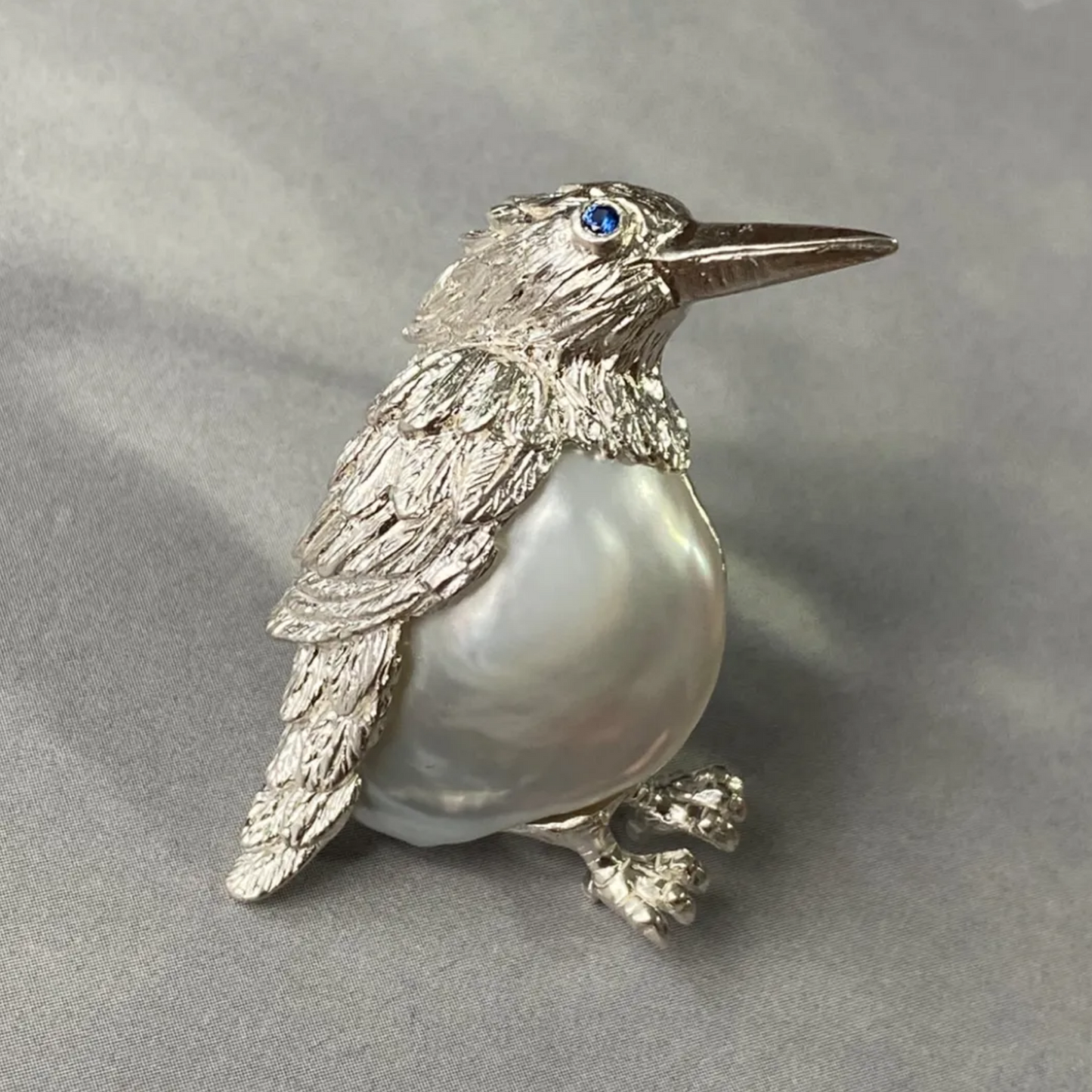 Bird Brooch Pendant | 925 Silver, Pearl & Sapphire | Handmade Nature Jewelry Gift for Her
