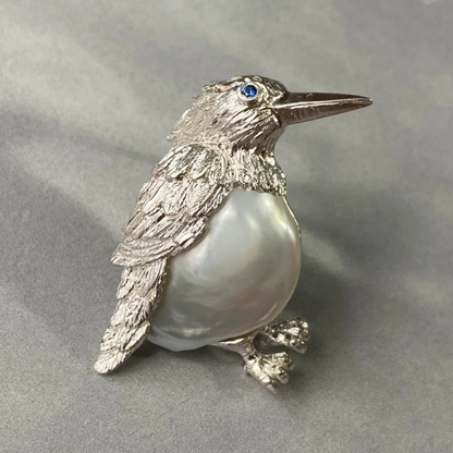 Bird Brooch Pendant | 925 Silver, Pearl & Sapphire | Handmade Nature Jewelry Gift for Her