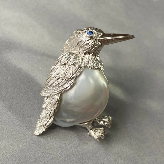Bird Brooch Pendant | 925 Silver, Pearl & Sapphire | Handmade Nature Jewelry Gift for Her