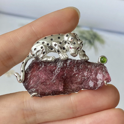 Leopard Brooch Pendant | 925 Silver & Raw Tourmaline | Handmade Animal Totem Gift for Strength & Healing