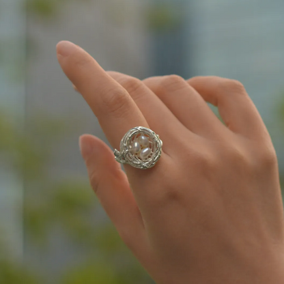 925 Silver Bird Nest Ring | Pearl Nature Jewelry | Handmade Branch Design | Symbol of Home & Love | Gift for Mother or Partner