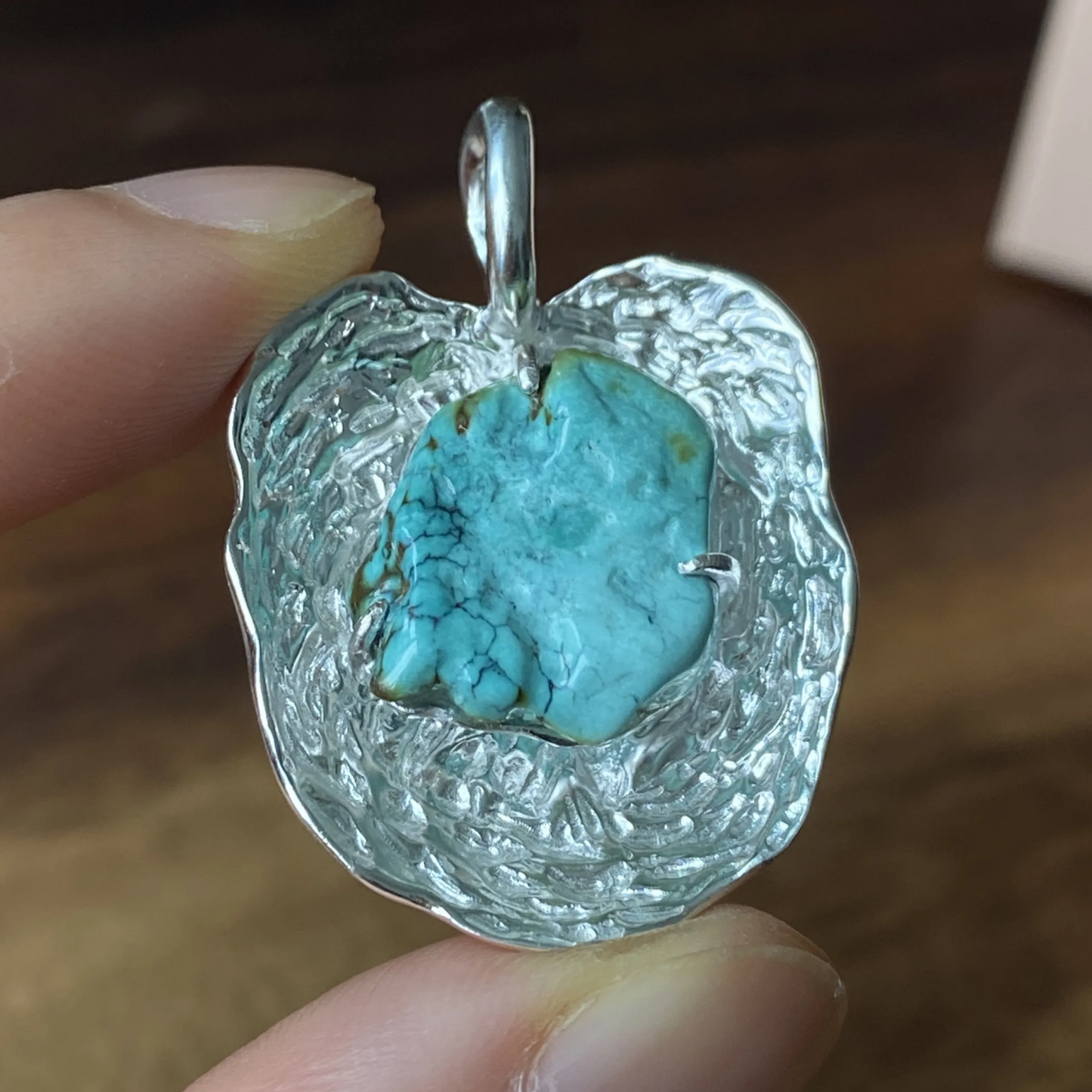 Raw Turquoise Pendant in 925 Silver | Handmade Ripple Design Necklace | Healing Talisman Gift for Her