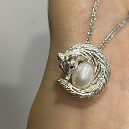 Sleeping Fox Necklace in 925 Silver with Pearl & Ruby | Handmade Animal Totem Pendant | Gift for Her or Self-Care Jewelry