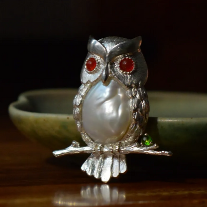 Handmade 925 Silver Owl Brooch Pendant | Pearl, Carnelian & Diopside Jewelry |  Gift for Teacher or Mom