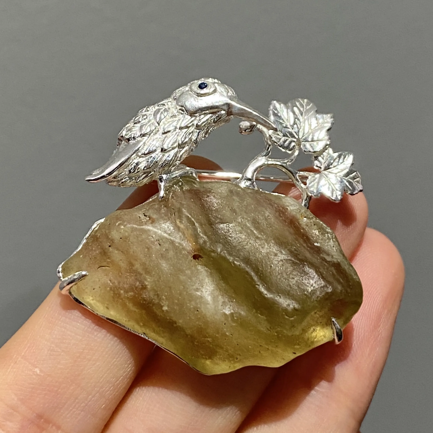 925 Silver Bird Brooch Pendant | Meteorite Glass & Sapphire Eye | Handmade Nature Amulet Jewelry
