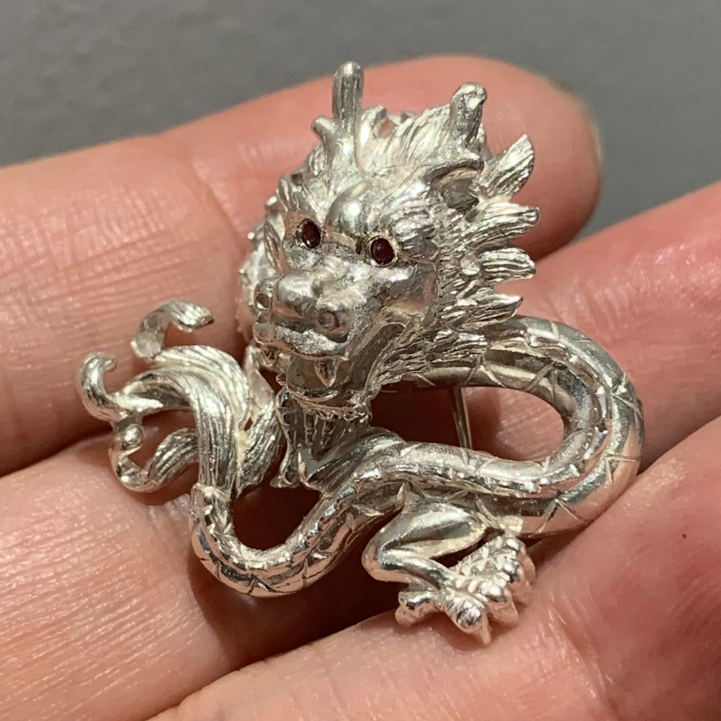 Dragon Brooch Pendant | 925 Silver & Ruby Eyes | Handmade Mythic Totem Jewelry Gift for Men