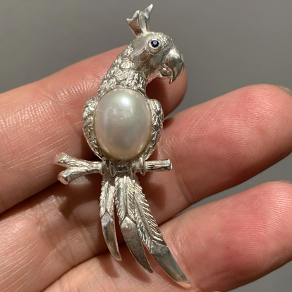 Parrot Brooch Pendant 2-in-1 | 925 Silver & Pearl | Handmade Nature Gift for Her