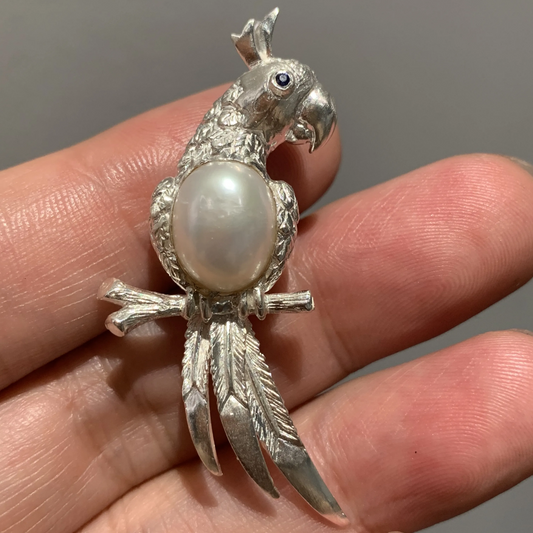 Parrot Brooch Pendant 2-in-1 | 925 Silver & Pearl | Handmade Nature Gift for Her