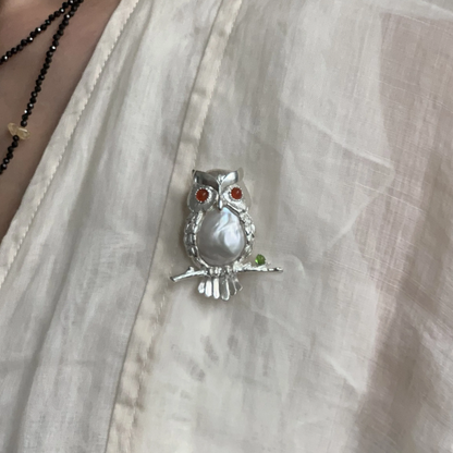 Handmade 925 Silver Owl Brooch Pendant | Pearl, Carnelian & Diopside Jewelry |  Gift for Teacher or Mom