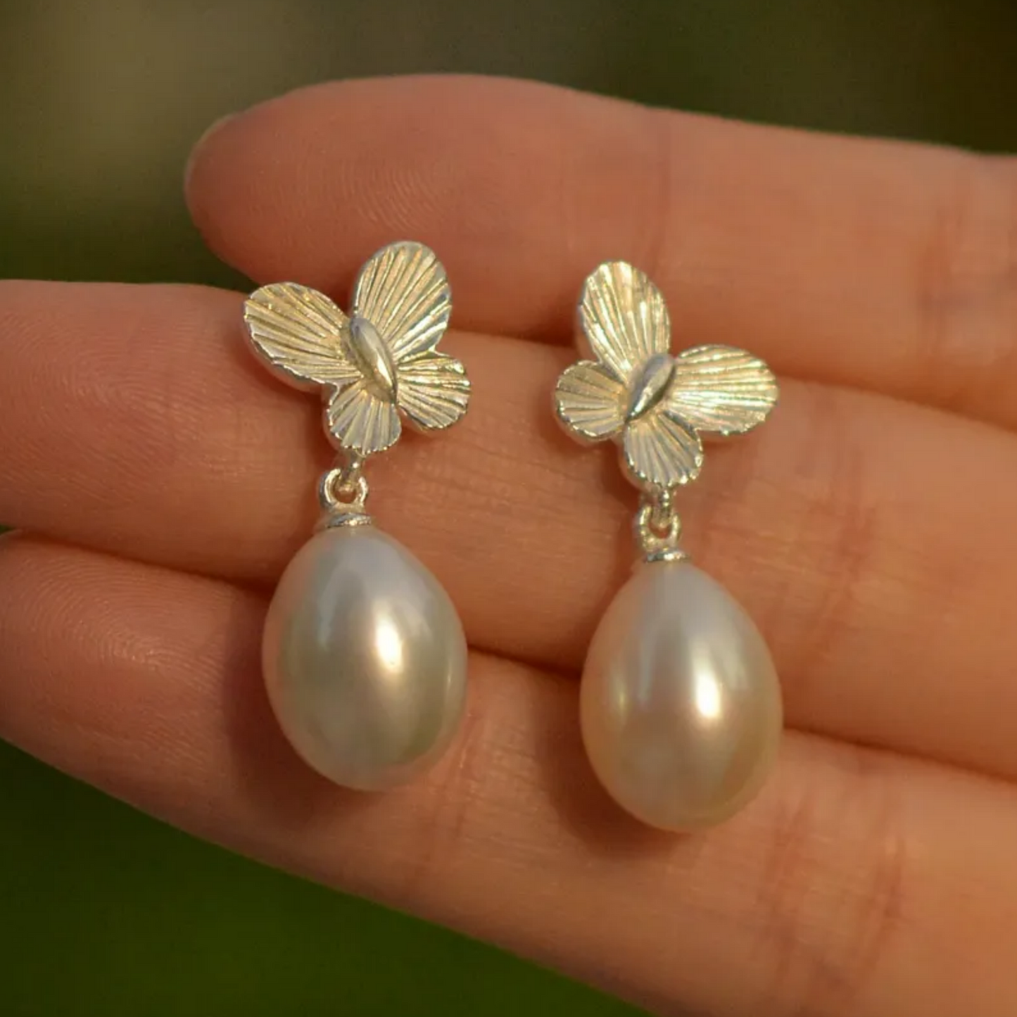 Butterfly Pearl Earrings | 925 Silver Handmade Studs | Elegant Gift for Her
