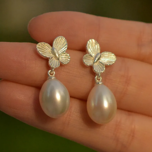 Butterfly Pearl Earrings | 925 Silver Handmade Studs | Elegant Gift for Her