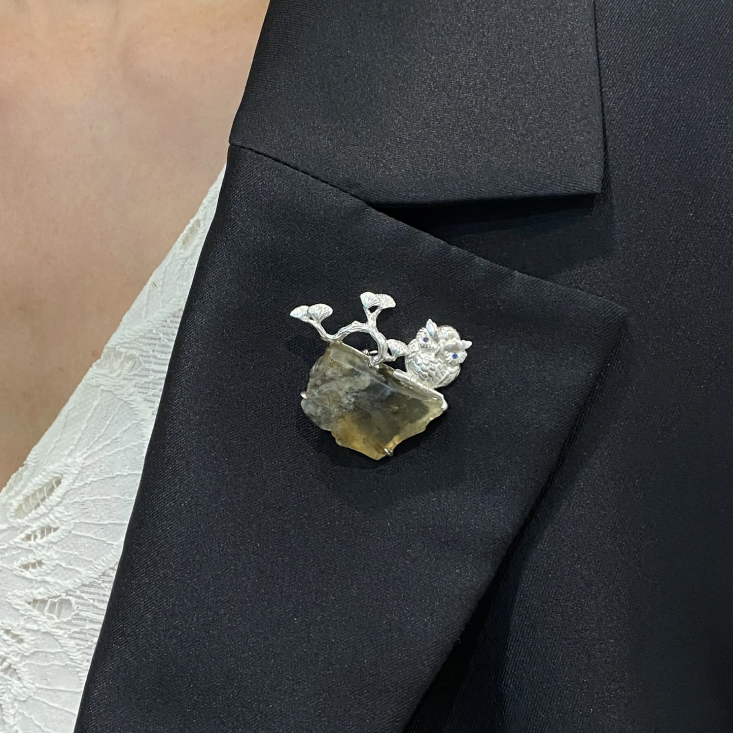 Owl Brooch Pendant | 925 Silver & Tektite Glass | Handmade Wisdom Totem Jewelry Gift for Protection & Reflection