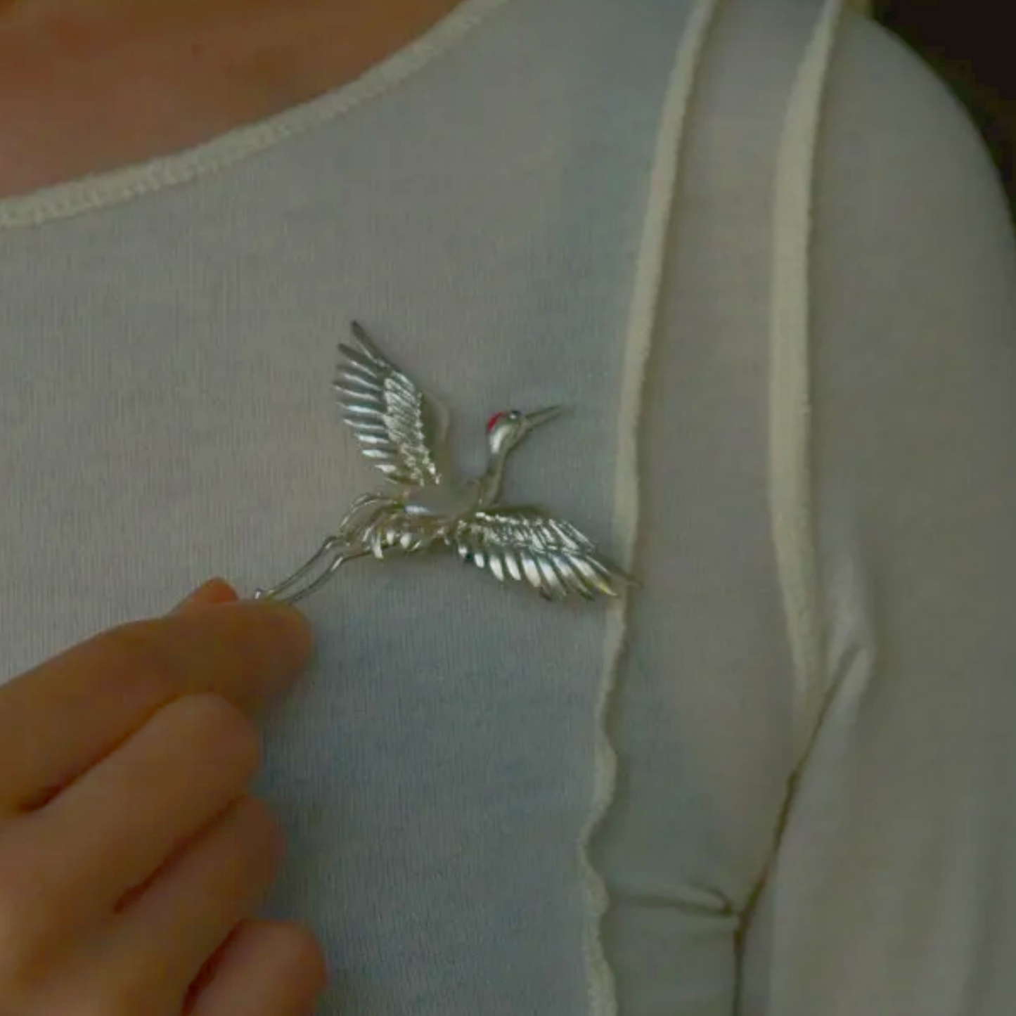 925 Silver Crane Brooch Pendant | Baroque Pearl Bird Jewelry | Oriental Handmade Gift for Mom or Elder | Blessing Totem Pin