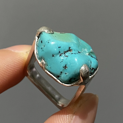 Raw Turquoise Ring | 925 Silver Square Design | Handmade Minimalist Statement Jewelry Gift for Him or Her