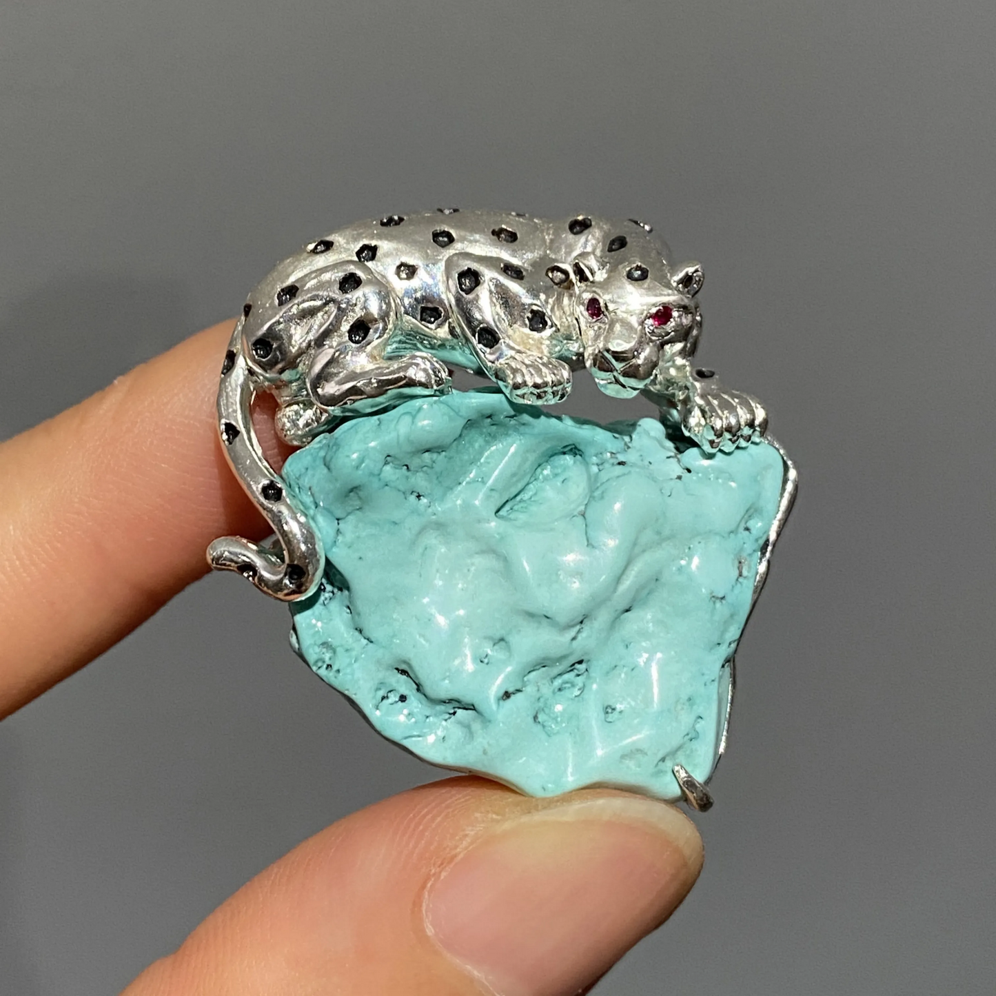 925 Silver Leopard Brooch Pendant | Turquoise & Ruby Animal Jewelry | Handmade Totem Gift for Strength & Courage